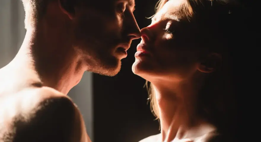 Visage d'un homme et d'une femme se rapprochant, leurs nez se touchant. Une scène suggérant l'absence de relations intimes dans un couple, malgré la proximité physique.