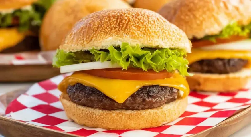 Soczysty burger z serem, sałatą, pomidorem i cebulą na czerwono-białej kratce.