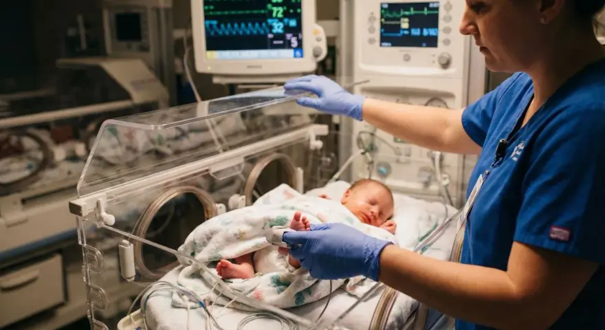 Pielęgniarka neonatologiczna czule opiekuje się noworodkiem w inkubatorze, monitorując jego funkcje życiowe.
