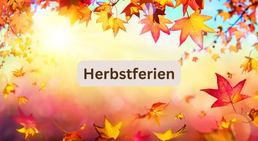 Bunte Herbstblätter fallen im Sonnenlicht. Perfekt für die Herbstferien Sachsen-Anhalt 2025!