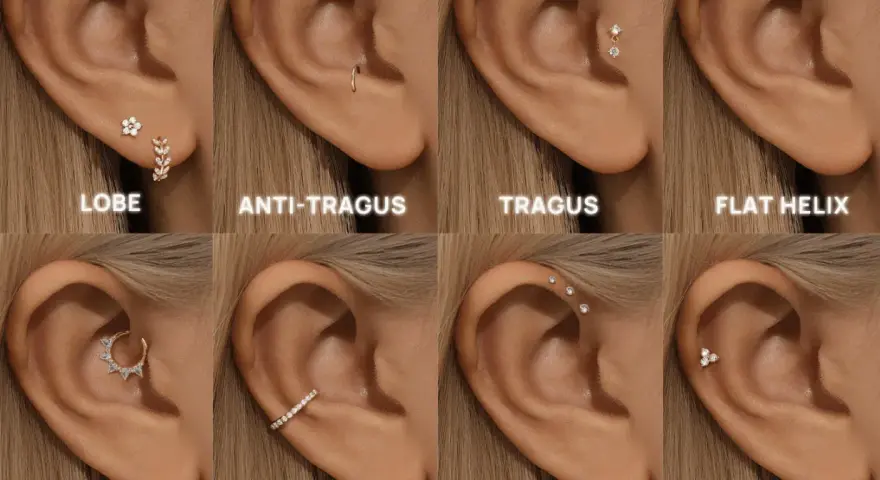 Osiem przykładów kolczyków w różnych miejscach ucha: lobe, anti-tragus, tragus, flat helix, daith, conch, forward helix i helix. Drugi kolczyk w uchu może być subtelny lub efektowny.