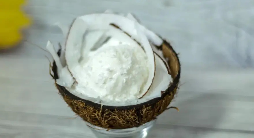 Una pallina di cremoso gelato al cocco servita in una noce di cocco aperta, decorata con scaglie di cocco.