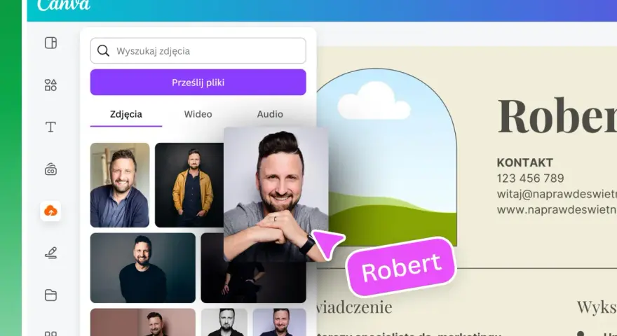 Tworzenie nowoczesnego CV w Canvie. Widok edytora z panelami do dodawania zdjęć i tekstu.