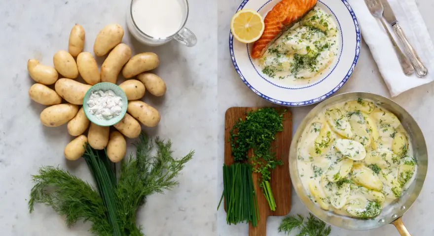 En härlig bild som visar ingredienser och färdig dillstuvad potatis med lax.