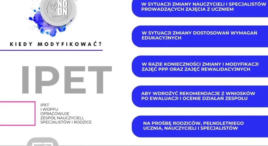 IPET i WOPFU opracowuje zespół. Kiedy modyfikować IPET? W razie zmian nauczycieli, wymagań, zajęć lub na prośbę rodziców.
