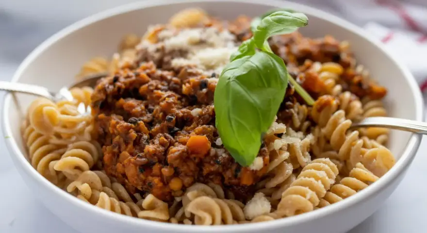 Pyszne fusilli z sosem bolognese z soczewicy, posypane parmezanem i udekorowane bazylią. Idealne na szybki obiad, gdy szukasz inspiracji na soczewica przepisy.