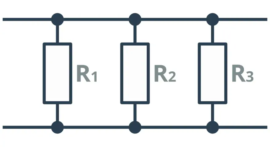 Schemat obwodu elektrycznego z rezystorami R1, R2, R3 połączonymi równolegle.