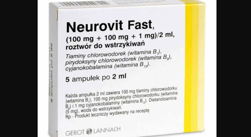 Opakowanie leku Neurovit Fast, roztwór do wstrzykiwań z witaminami B1, B6, B12. Produkt leczniczy wydawany na receptę.