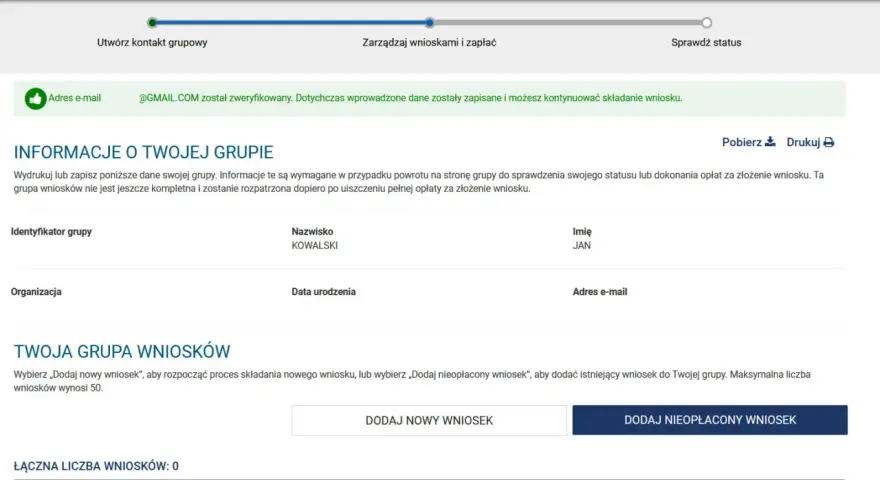 Informacje o grupie wniosków, nazwisko Kowalski, imię Jan. Możesz dodać nowy wniosek lub nieopłacony. Ta strona pokazuje, esta jak wypełnić.