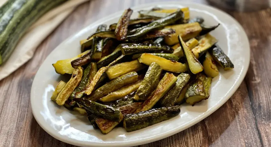 Zucchine al forno dorate e saporite, tagliate a bastoncini e servite su un piatto bianco.