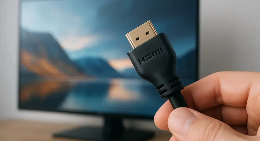 En hand håller en svart hdmi kabel 3 meter framför en datorskärm med en naturbild.