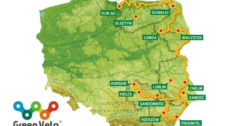 Mapa Polski z zaznaczonym szlakiem rowerowym Green Velo. Trasa prowadzi przez malownicze tereny, w tym okolice Świętokrzyskie.