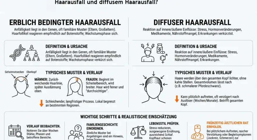 Infografik vergleicht erblichen und **diffusen Haarausfall**. Ersterer ist genetisch bedingt, letzterer eine Reaktion auf Stress, Hormone etc.