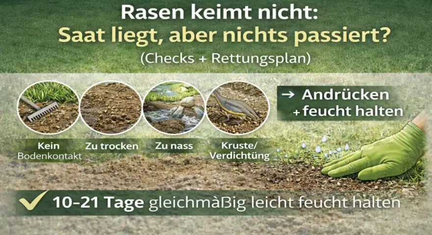Rasen keimt nicht: Saat liegt, aber nichts passiert? Prüfe Bodenkontakt, Feuchtigkeit & Verdichtung. Andrücken & feucht halten!
