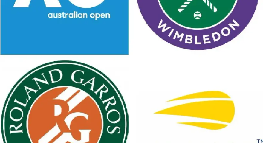 Logos de los cuatro torneos de Grand Slam: Australian Open, Wimbledon, Roland Garros y US Open.