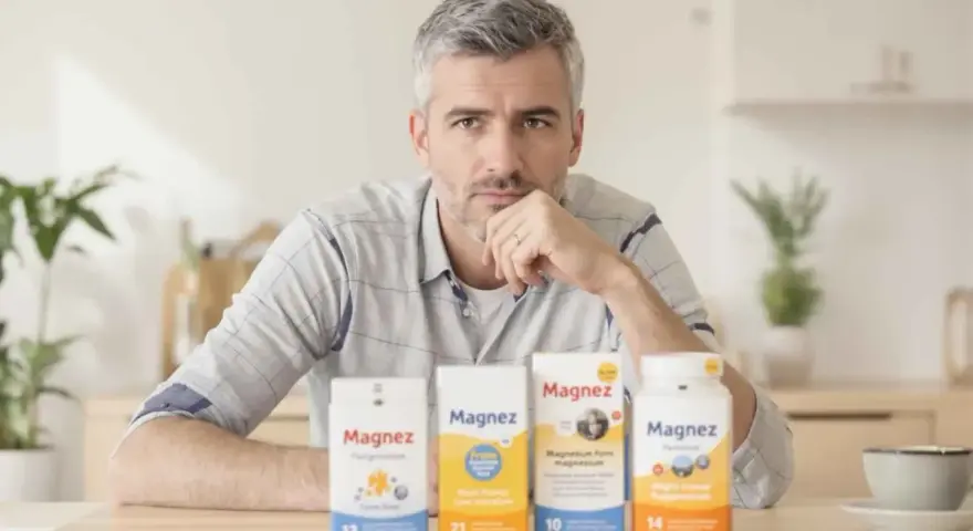 Mężczyzna zamyślony nad stołem, na którym stoją cztery opakowania magnezu, w tym tlenek magnezu.