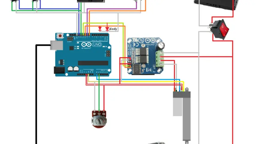 Schemat połączeń Arduino z elementami sterującymi: przełączniki, diody, silnik, akumulator.