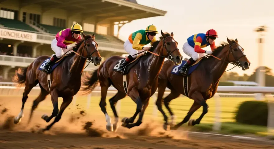 Trois jockeys colorés mènent une course de chevaux intense. Les sabots soulèvent la poussière, un spectacle captivant pour les amateurs de statistique hippique.