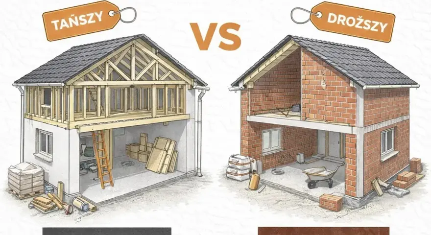 Porównanie kosztów budowy domu: szkieletowy (tańszy) vs murowany (droższy). Ilustracja pokazuje etapy budowy obu typów domów.
