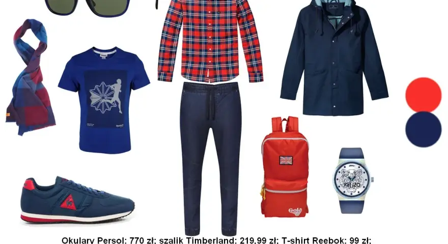 Modne połączenia kolorów: granatowa kurtka, czerwono-niebieska koszula w kratę, niebieski t-shirt i szalik, czerwony plecak.