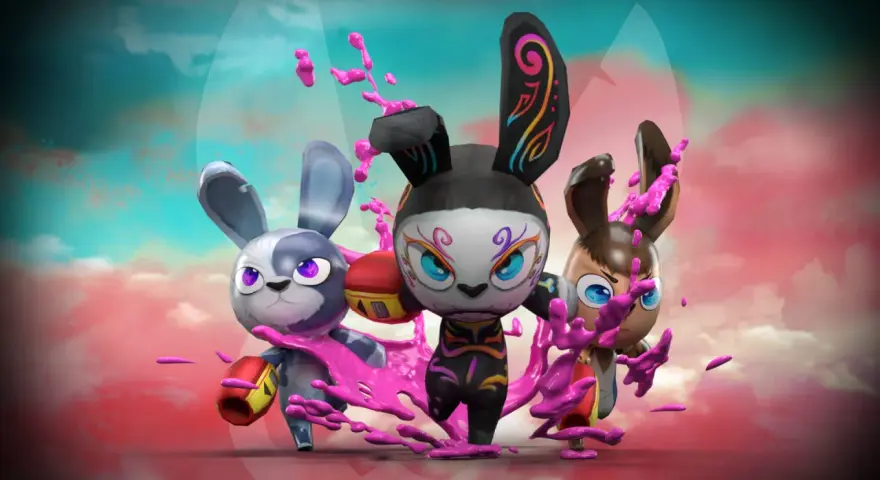 Tres conejos con guantes de boxeo, salpicados de pintura rosa, listos para la acción como "bunny raiders".