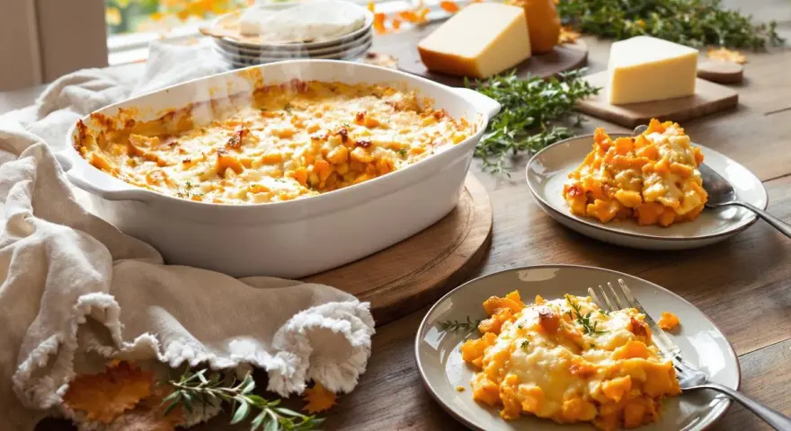 Un délicieux gratin patate douce, doré et gratiné, servi dans un plat blanc et sur deux assiettes. Parfait pour un repas d'automne.