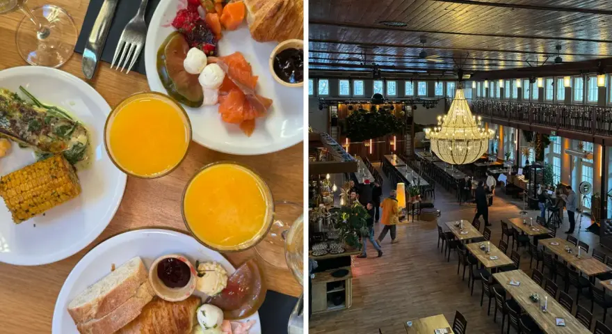 Frühstück mit Lachs und Orangensaft, daneben ein großer Speisesaal mit Kronleuchter – tolle berlin foodspots.