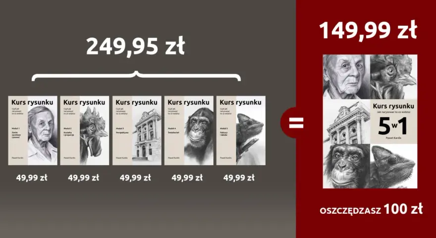 Pięć modułów kursu rysunku w promocji. Zestaw 5w1 za 149,99 zł zamiast 249,95 zł. Oszczędzasz 100 zł.