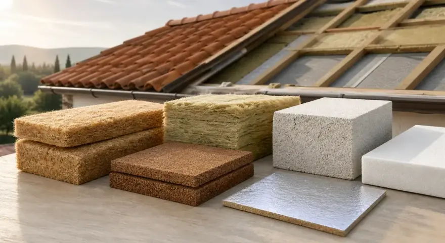 Materiali per l'isolamento sottotetto: pannelli in fibra di legno, lana di roccia, sughero e schiume isolanti.