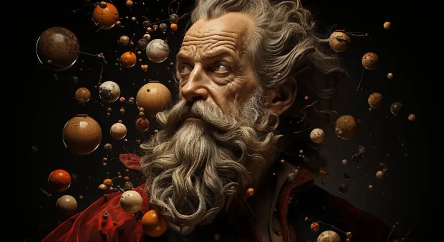Retrato de un anciano sabio con barba, rodeado de esferas que evocan el cosmos, como en la biografía de Galileo Galilei.