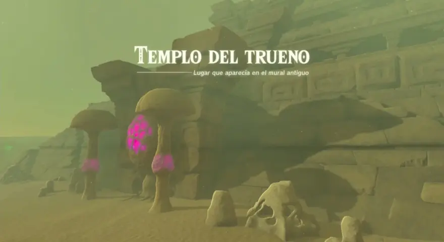 El Templo del Trueno en Zelda: Tears of the Kingdom, un lugar misterioso con hongos brillantes y ruinas antiguas.