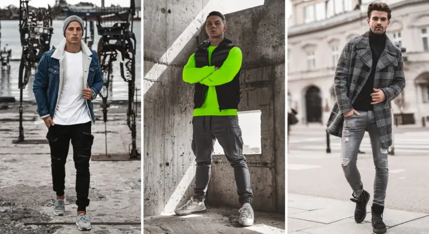 Trzech mężczyzn prezentuje gotowe zestawy ubrań do kupienia: denimowa kurtka z kożuszkiem, neonowa bluza z kamizelką i płaszcz w kratę.