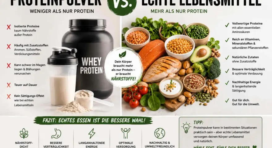 Vergleich von Proteinpulver und echten Lebensmitteln. Echte Lebensmittel bieten mehr Nährstoffe, wo Proteinpulver oft Zusatzstoffe enthält. Proteine vorkommen in vielen gesunden Lebensmitteln.