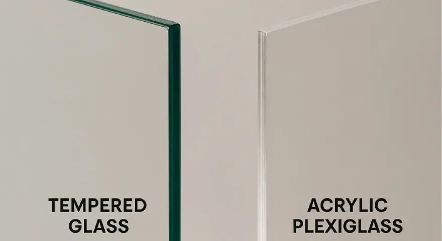 Close-up of tempered glass and acrylic plexiglass edges. Acrylic plexiglass is used for displays, barriers, and signage due to its durability.