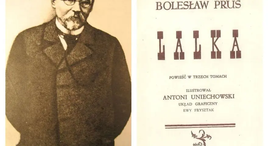 Portret Bolesława Prusa obok strony tytułowej jego dzieła "Lalka". Opracowanie graficzne Antoniego Uniechowskiego.