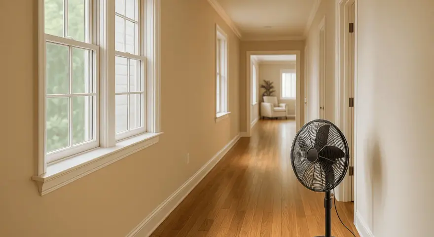 Ventilador negro en pasillo, creando una zona de ventilación. Ventanas a la izquierda, puertas a la derecha.