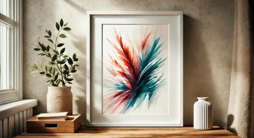 Lienzo abstracto enmarcado en blanco, con tonos rojos y turquesas. Ideas para como enmarcar un lienzo y decorar tu espacio.