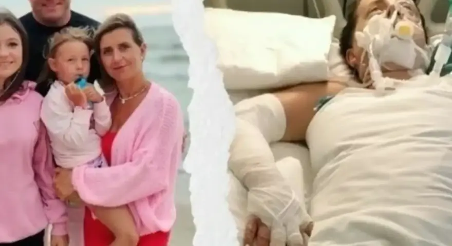 Rodzina wspiera bohaterkę oziminy Berenta. Po lewej uśmiechnięta rodzina na plaży, po prawej kobieta w szpitalnym łóżku, podłączona do aparatury.