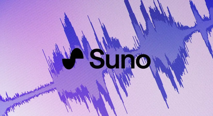 Logo Suno na tle fioletowej fali dźwiękowej. Słyszysz ten sus sound?