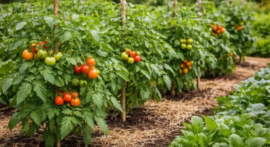 Filari di piante di pomodoro cariche di frutti verdi e rossi, pronte per essere raccolte. Un'immagine che evoca la gioia di quando si piantano i pomodori e si attende il raccolto.