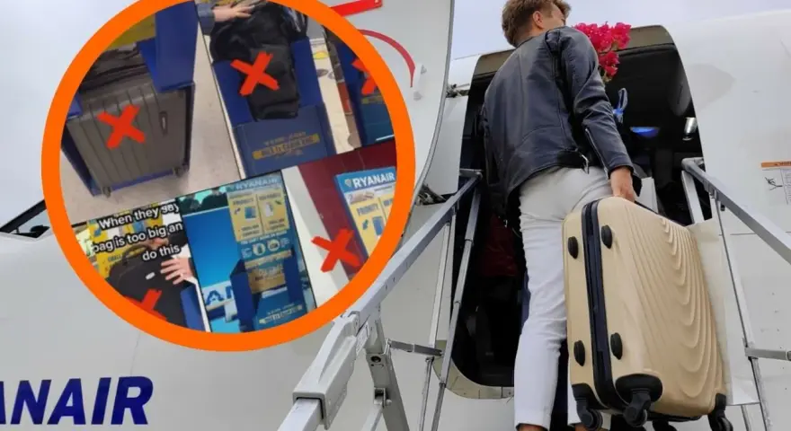 Wsiadając do Ryanaira, sprawdź, ile kosztuje bagaż. Na zdjęciu widać walizki z czerwonymi krzyżykami, sugerujące przekroczenie limitów.
