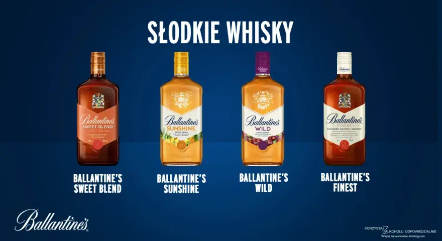 Czy Ballantines to dobra whisky? Cztery butelki słodkich whisky Ballantine's: Sweet Blend, Sunshine, Wild i Finest.