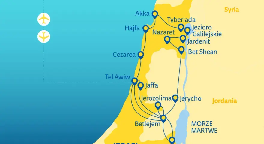 Mapa Izraela z zaznaczonym Nazaretem, Tyberiadą i Jerozolimą. Pokazuje, gdzie leży Nazaret, blisko Jeziora Galilejskiego.