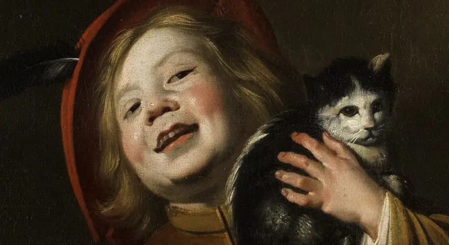Dziecko w czerwonym kapeluszu z piórkiem, trzymające czarno-białego kota. Obraz Judith Leyster.