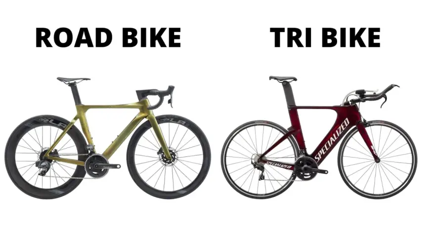 A green tt bike and a red tri bike are shown side-by-side, highlighting their distinct frame designs and handlebars for speed.