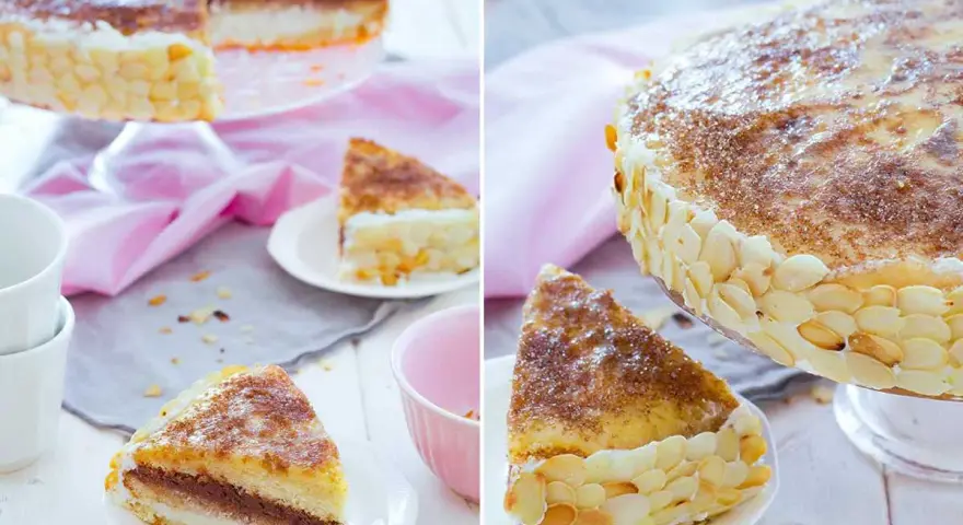 Deliciosa tarta San Marcos con capas de bizcocho, crema y cobertura de almendras tostadas. Un postre perfecto para celebrar.