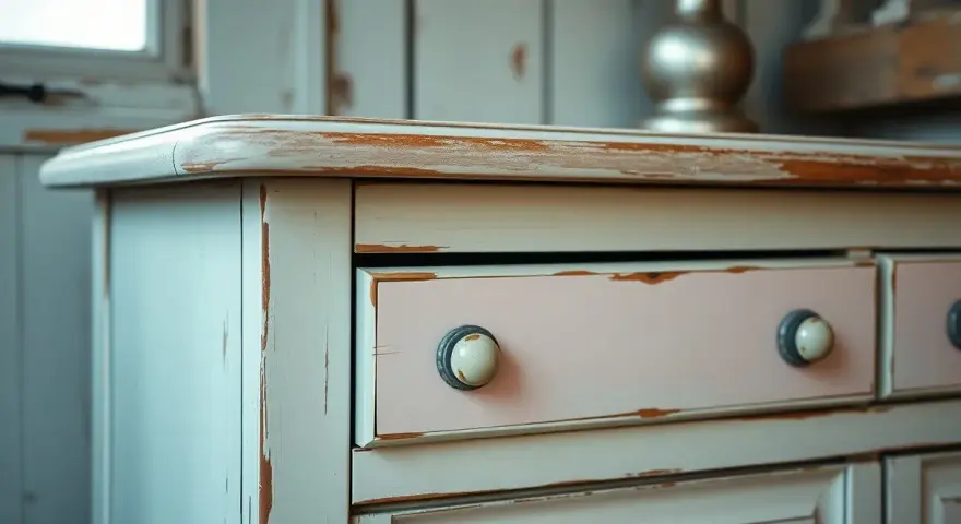 Comò con cassetti rosa e finitura invecchiata, un esempio di pittura shabby fai da te che dona un tocco romantico.