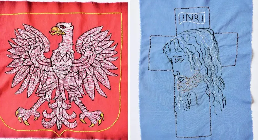 Haftowany orzeł na czerwonym tle i krzyż z napisem INRI oraz twarzą Jezusa na fladze biało niebieskiej.