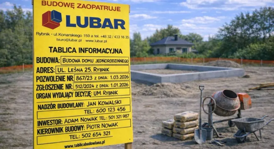 Żółta tablica informacyjna budowy z danymi o inwestycji i logo firmy LUBAR na tle placu budowy.