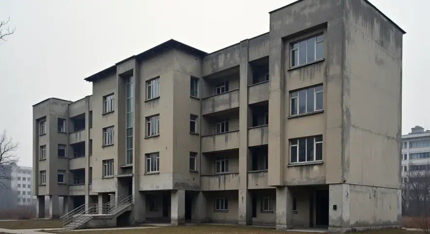 Szary blok mieszkalny z balkonami i dużymi oknami, typowy przykład architektury PRL.